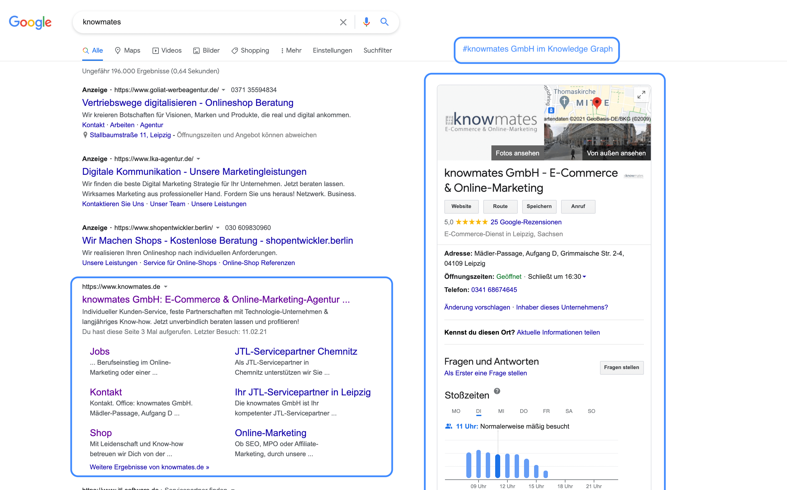 Google My Business Ergebnisse zur Anfrage knowmates GmbH