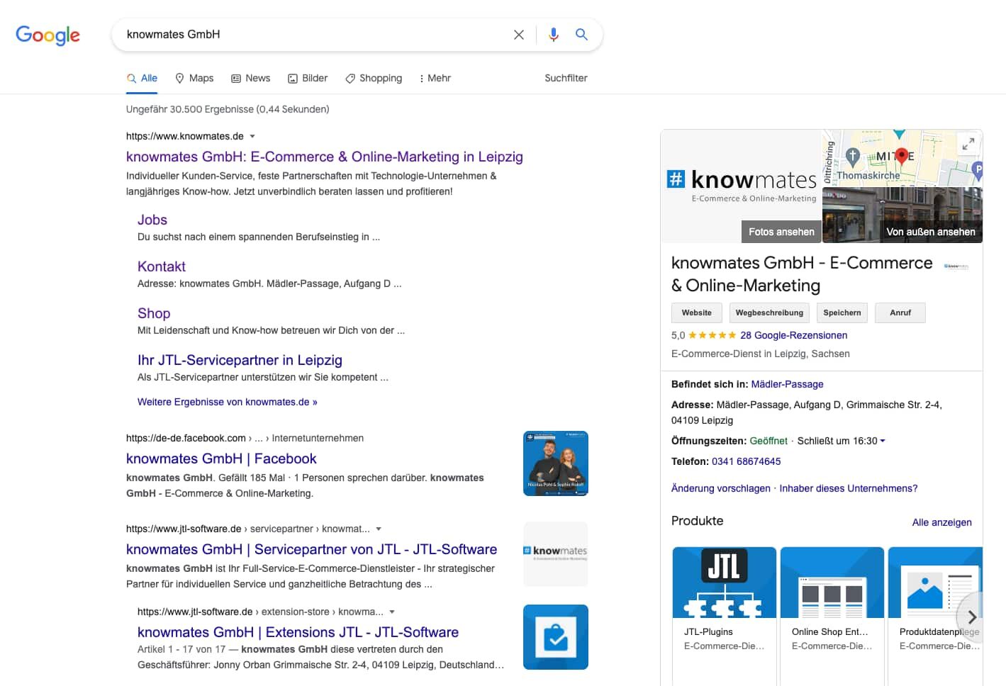 Google-Suchanfrage zum Unternehmen knowmates GmbH