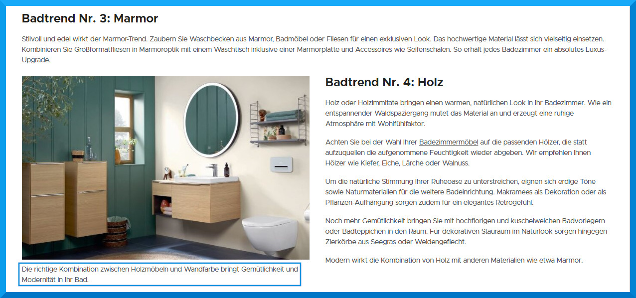 Auszug aus einem Blogbeitrag zum Thema Badezimmertrends mit einem Bild und der passenden Bildunterschrift
