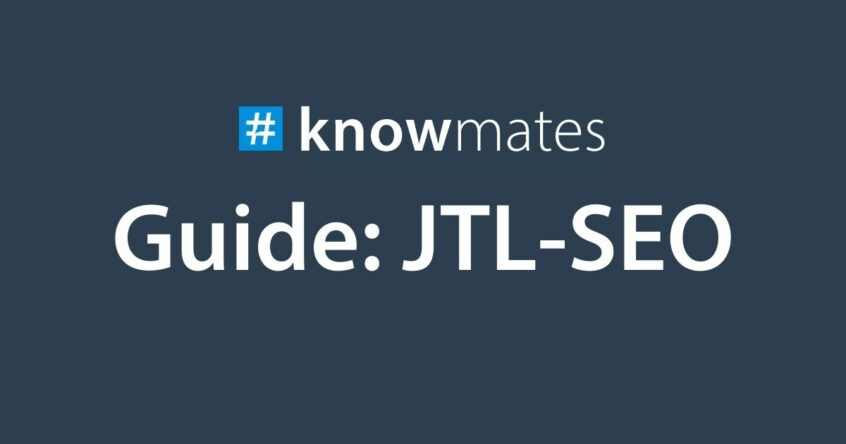 Weiße Schrift mit den Worten "Guide: JTL-SEO" und knowmates-Logo auf dunkelblauem Hintergrund