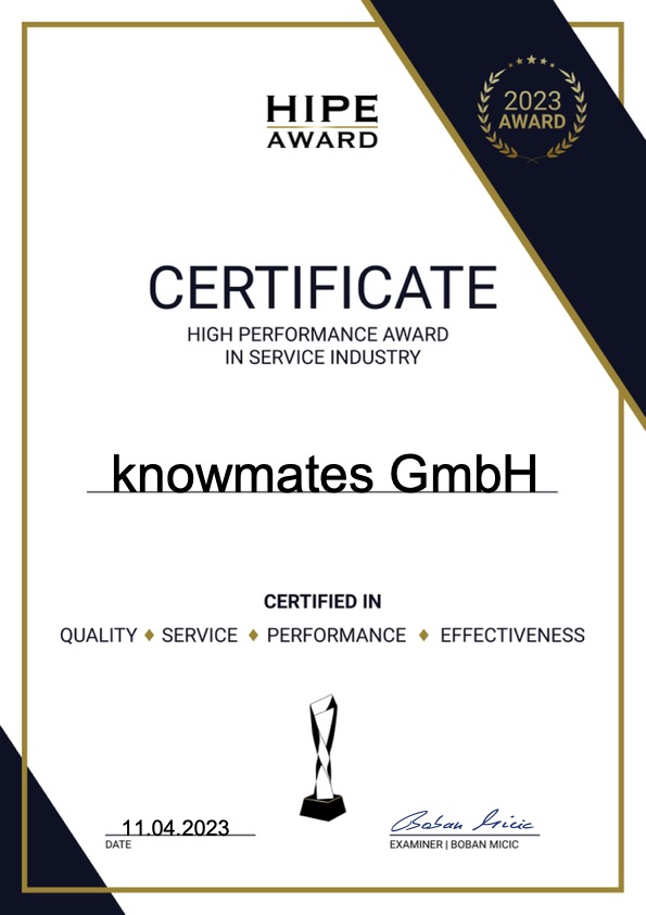 Zertifikat HIPE Award der knowmates GmbH, das die Auszeichnung bestätigt.