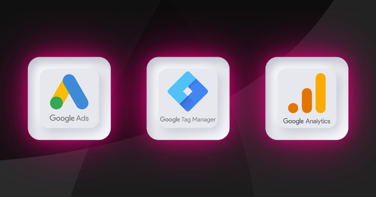 Logos der Goolge Tools: Google Ads, Google Analytics und Google Tag Manager auf lila Hintergrund