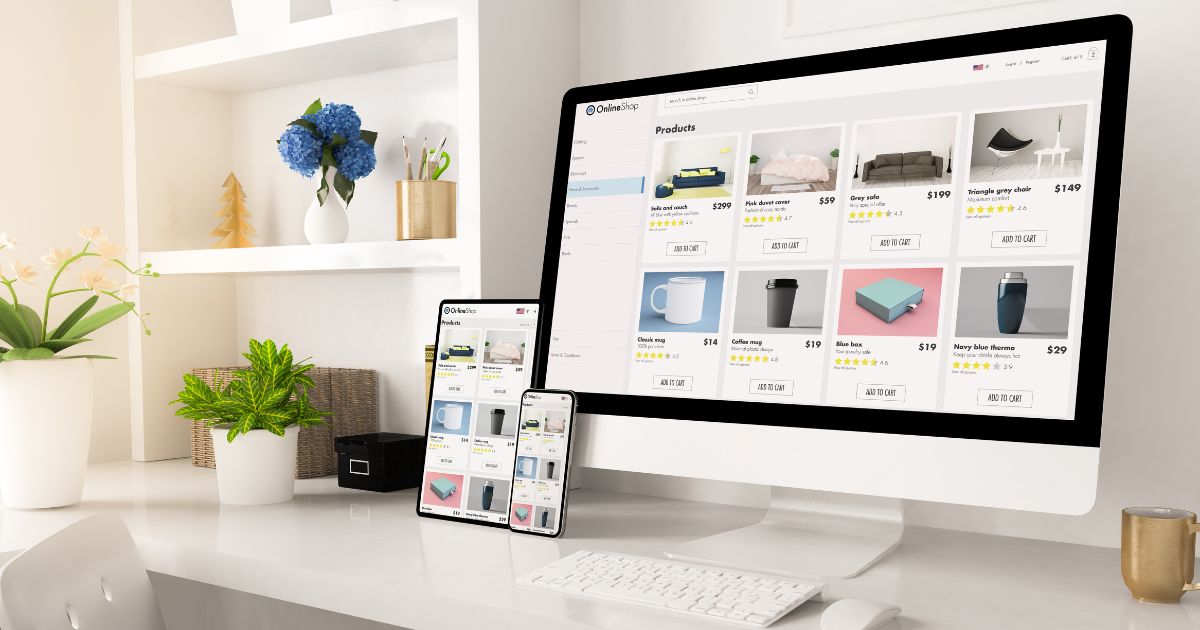 Schreibtisch mit Desktopmonitor, Smartphone und Tablet auf deren Bildschirmen eine Produktübersichtsseite geöffnet ist