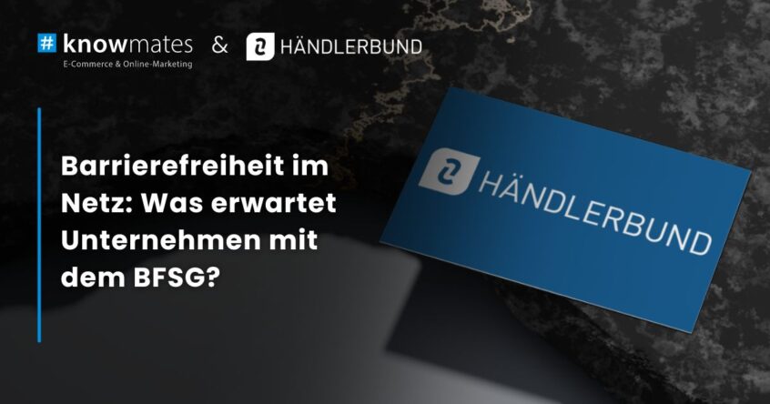 Visitenkarte Händlerbund mit weißer Überschrift „Barrierefreiheit im Netz: Was erwartet Unternehmen?“